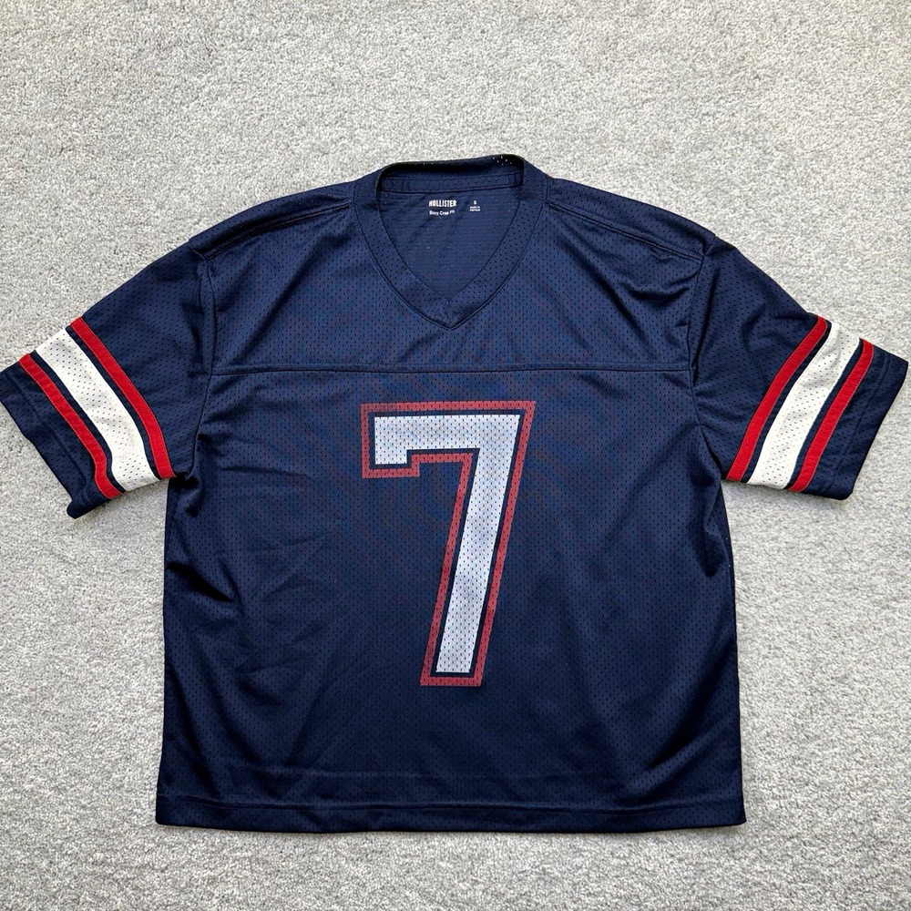 Hollister Mens Size S Navy Blue Mesh Football Jersey Top Boxy Crop Fit #7